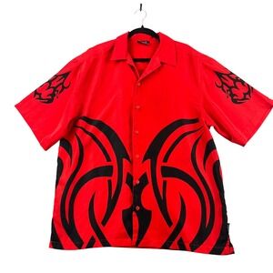 JET STRTWR Mens XL Red Black Tribal Graphic Button Down Shirt Short Sleeve Korea
